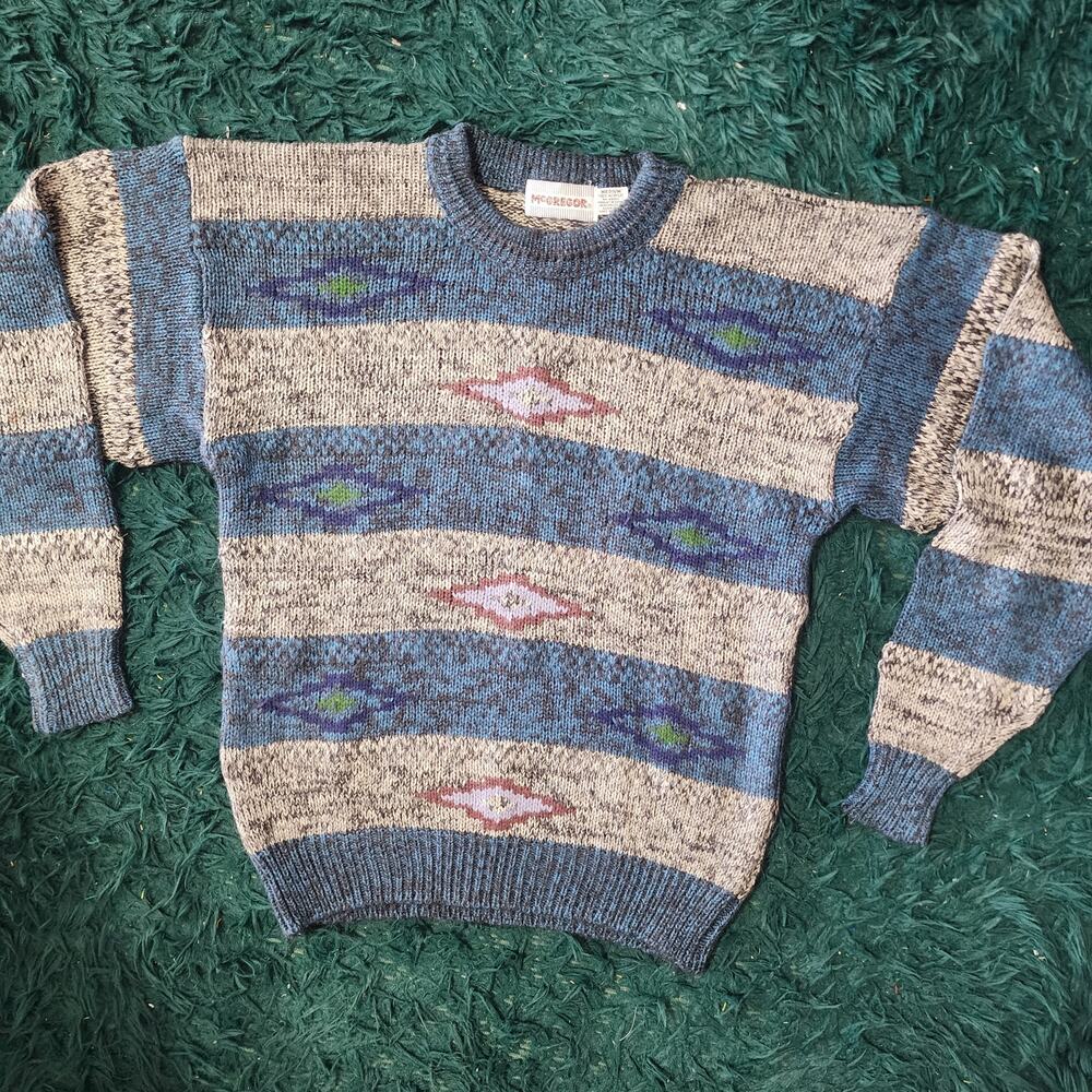 Vintage 90s McGregor Tribal Knit Grandpa Sweater Blue Beige Medium